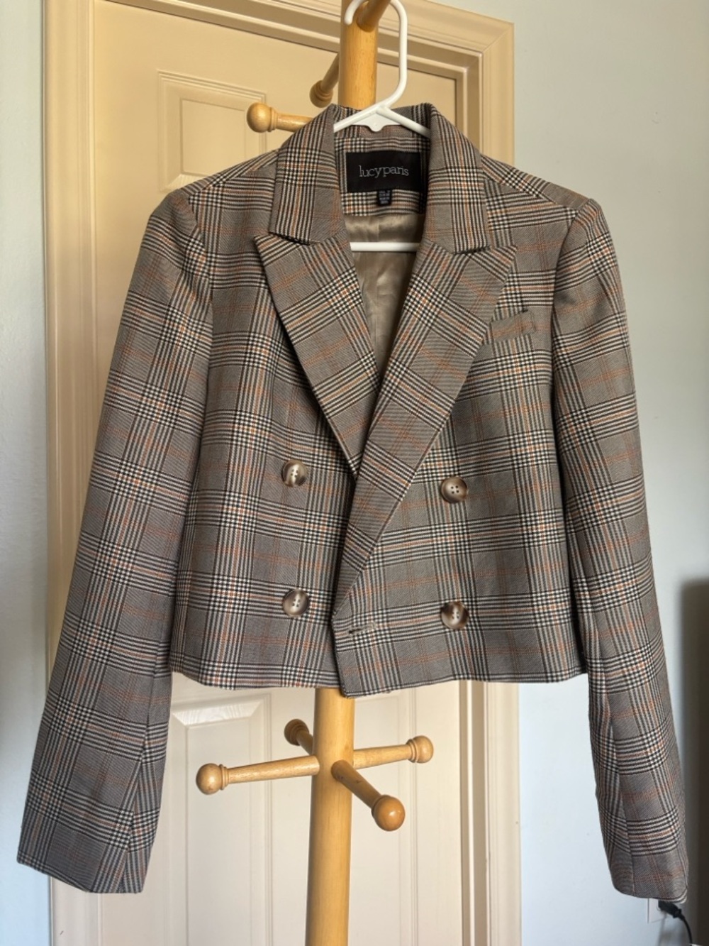 Lucy Paris Cropped Plaid Double-Breasted Blazer in Brown and Gray